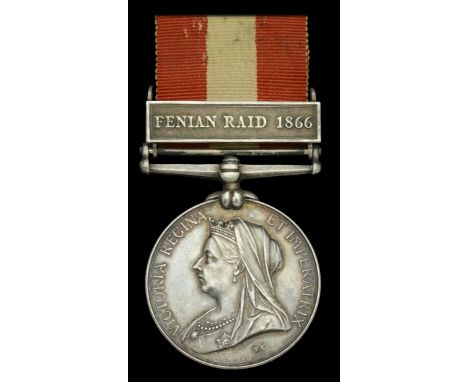 Canada General Service 1866-70, 1 clasp, Fenian Raid 1866 (Pte. J. W. Robertson. Perth R. Co.) officially impressed naming, n