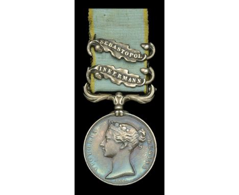 Crimea 1854-56, 2 clasps, Inkermann, Sebastopol (R. Downes. Driver. Rl. Horse Arty.) officially impressed naming, polished, m