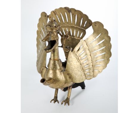LARGE 19TH CENTURY INDONESIAN BRASS MYTHOLOGICAL BIRD LAMP/BURNER
with front spout, and hanging pendant, likely East Java, 40