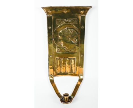 ARTS AND CRAFTS EMBOSSED BRASS CANDLE SCONCE
possibly by Marion Henderson Wilson, the centre with portrait of a lady above a 