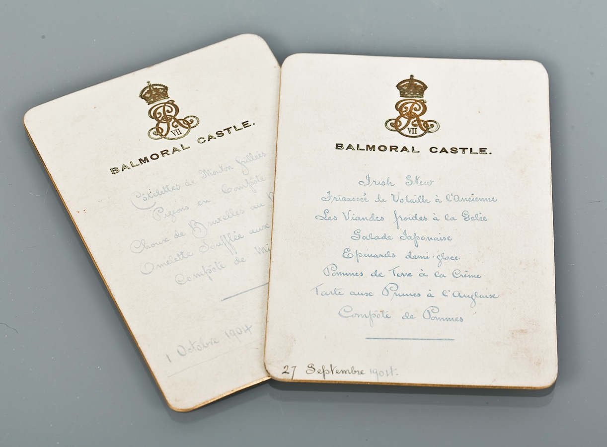 Royal Interest Two Balmoral Castle Menu Cards Dated 27th September 1904 And 1st October 1904 Wi