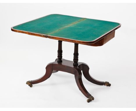 REGENCY SATINWOOD CROSSBANDED MAHOGANY CARD TABLE
on twin column supports and four cabriole legs, some restoration, 73cm high