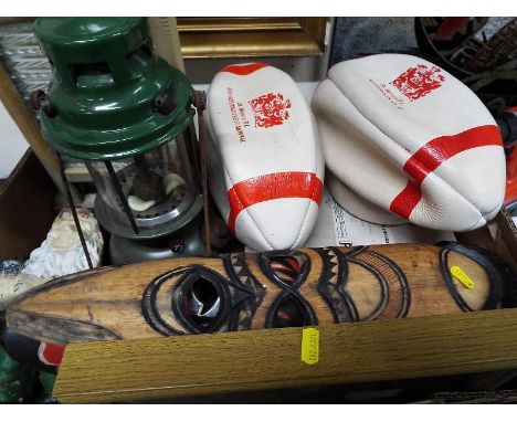 A good mixed lot to include two St Helens Rugby League signed balls, a washboard, travel lamp and similar