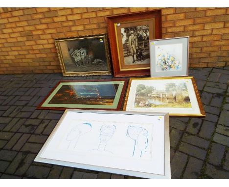 A collection of six framed pictures and mirrors to include a bevel edged mirror in a gilt frame depicting a traveller's carav