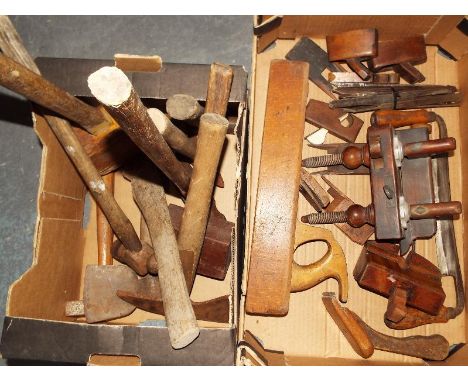 A good collection of early period hand tools, block planes, mallets, hammers, axes and other 