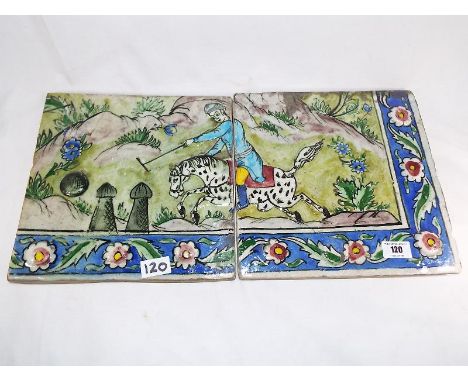 A pair of Arabic / IZNIK / Qatar border tiles decorated with polo player on horseback, 18 / 19th century, one tile repaired, 