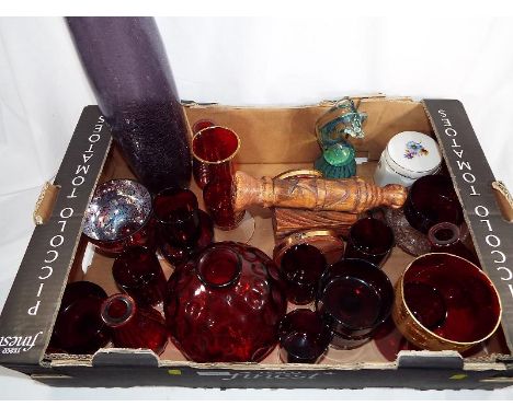 A good mixed lot of glassware to include a Mdina paperweight, ruby drinking glasses, vases and other