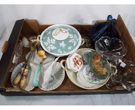 A good mixed lot of ceramics and glassware to include a sculptured art glass basket, a Shelley tureen, a Poole pottery tray, 