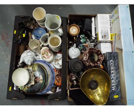 A good mixed lot to include ceramics, drinking glasses, a weighing scale entitled the Salter, Staffordshire and weights, a qu