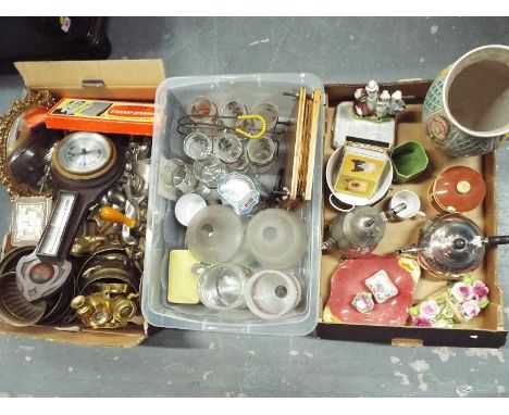 Three boxes containing a good mixed lot to include brassware, flatware, a Pifco electric trouser press, a selection of glassw