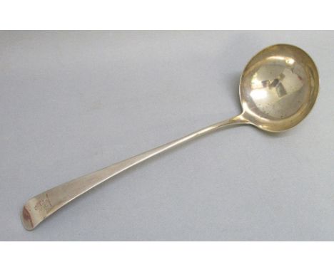 GEORGIAN SILVER OLD ENGLISH SOUP LADLE, CRESTED, BY STEPHEN ADAMS II, LONDON 1774, LENGTH 32cm (155g)