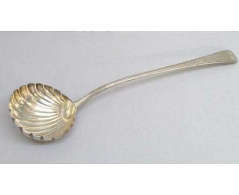 GEORGE III SILVER SOUP LADLE, THE HANDLE ENGRAVED WITH THE FOWKE FAMILY CREST AND MOTTO "ARMA TUENTUR PACEM" (ARMS MAINTAIN P