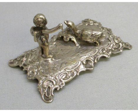 GERMAN 800 STANDARD SILVER MODEL "DON'T KILL THE GOOSE THAT LAYS THE GOLDEN EGG", WITH A CHERUB HOLDING A KNIFE OVER A GOOSE 