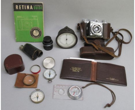 PRE WAR CARL ZEISS JENA MONOCULAR, OLD CAMERA LENS, TWO OTHER LENSES, THREE COMPASSES, KODAK RETINA CAMERA AND AN ANEROID BAR