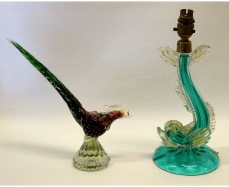 MURANO GLASS DOLPHIN TABLELAMP (H: 31cm) AND A MODEL OF A PHEASANT (H: 26cm) [2]