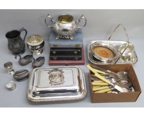 SILVER PLATED GADROONED RECTANGULAR ENTRÉE DISH AND COVER WITH DETACHABLE HANDLE, CAKE BASKET, COASTER, "QUEEN ANNE" TABLE LI