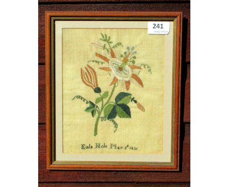 WILLIAM IV SAMPLER, FLOWERS, BY EMLA HOLE MAY 3d 1831 (22.5cm x 18cm) AND TWO LARGER NEEDLEWORK PICTURES [3]