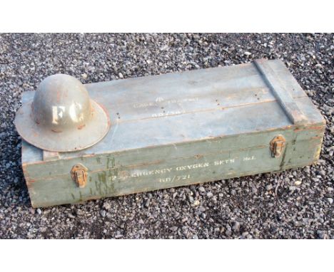 PINE 12 EMERGENCY OXYGEN SETS BOX, MK 1, 6D, 721, TOP INSCRIBED "BASE TRANSIT 6D/747" WITH BROAD ARROW (92cm x 38.5cm x 22cm)