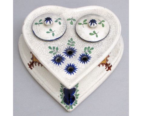 C19th T. GOODE &amp; Co., SOUTH AUDLEY STREET LONDON, CERAMIC HEART SHAPED INKWELL WITH COVERS, DECORATED WITH HAND PAINTED V