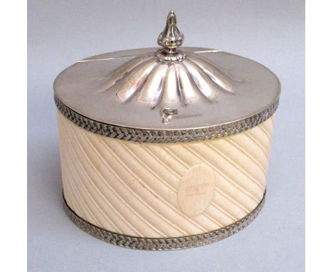 GOOD LATE VICTORIAN PLATE MOUNTED IVORY OVAL BISCUIT BOX WITH SLANTING REEDED AND FLUTED DECORATION AND A BAT'S WING ENGRAVED