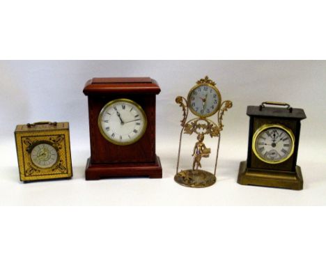 TIMEPIECE WITH A CIRCULAR DIAL ENCLOSING A FRENCH EIGHT-DAY MOVEMENT, IN AN INLAID MAHOGANY CASE (H: 20.5cm), ALARM CLOCK IN 