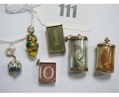 A Modern 9ct Gold Novelty Enamel Owl Charm/Pendant, an enamel orb style charm/pendant, together with four novelty emergency m