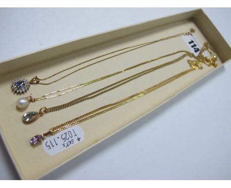 A Small Selection of Modern 9ct Gold and "375" Pendants on Chains, including cluster style, pearl etc.