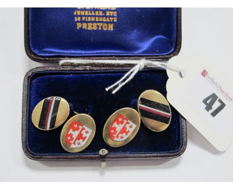 A Pair of Vintage Lambourne's Gent's Enamel Cufflinks, the oval panels on chain connections, stamped "L'SB", in an old cuffli