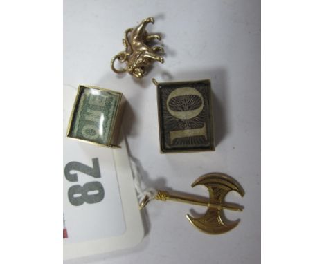A 9ct Gold Lion Charm/Pendant, an axe charm/pendant, stamped "585", together with two 9ct gold novelty emergency money charms