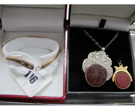 A Large Decorative Hallmarked Silver Fob Pendant, hardstone inset circular panels, on chain, another similar gilt coloured fo