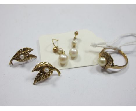 A 9ct Gold Pearl Set Dress Ring, (finger size M), together with a pair of pearl set earrings and pair of double leaf earrings