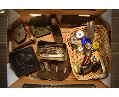 An interesting collection of items to include a Wilsons ashtray, advertising tins, tape measures, brass blow lamp etc (NO POS