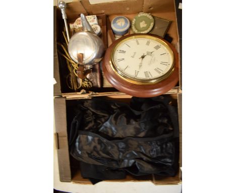 A mixed collection of items to include Wedgwood Jasperware, vintage 20th century tails, fireside tools, silver plates trophie