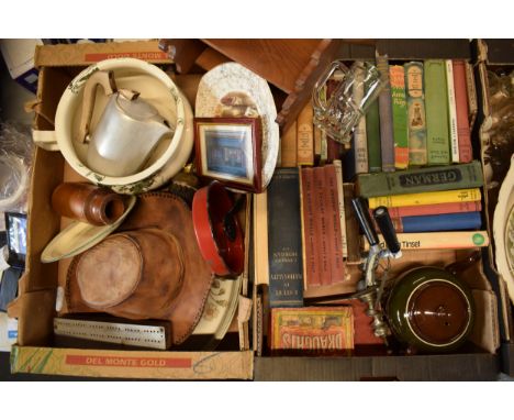 A mixed collection of items to include an enamel candlestick, leather hat, early 20th century pottery, wooden shelf etc (no p