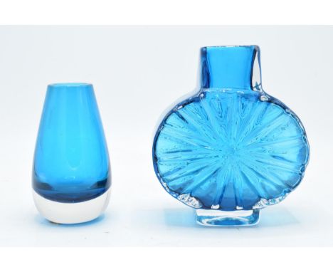 A Whitefriars Sunburst vase in a blue colourway, designed by Geoffrey Baxter, shape number 9676, 15cm tall together with a si