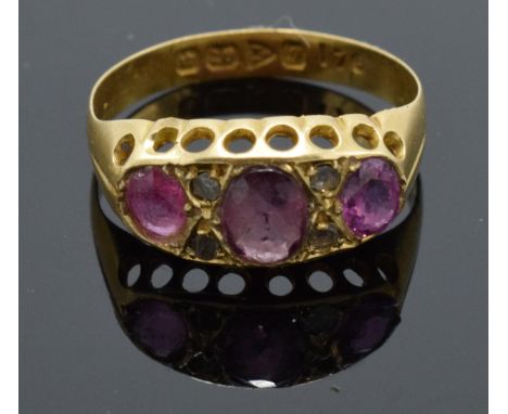 18ct gold ring set with diamond and ruby stones, hallmarked for Chester 1915. UK size N. 2.1 grams. Full UK hallmarks.  In go