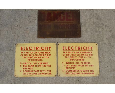 A collection of vintage 20th century enamel signs to include electricity procedure examples (31 x 26cm) and an 'Danger men wo