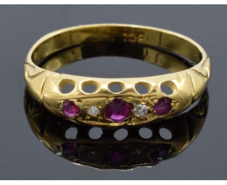 Edwardian 18ct gold ruby and diamond ring. UK size J/K. 1.8 grams. 