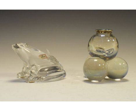 Baccarat glass frog having etched mark to base and a glass and enamel decorated white metal top four ball table scent, 10cm h