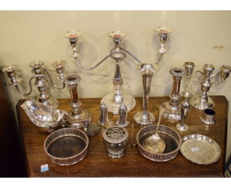 Three three branch candelabra, other silver plated items, coasters, etc  