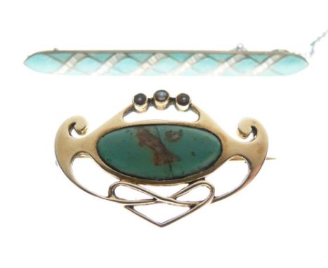 Murrle Bennett - Art Nouveau yellow metal and turquoise-set bar brooch of organic design, stamped 15c, 3.4cm wide, 5.1g gross