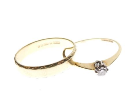 18ct gold and solitaire diamond ring, size L, together with an 18ct gold wedding band, size M, 4.3g gross approx (2)  