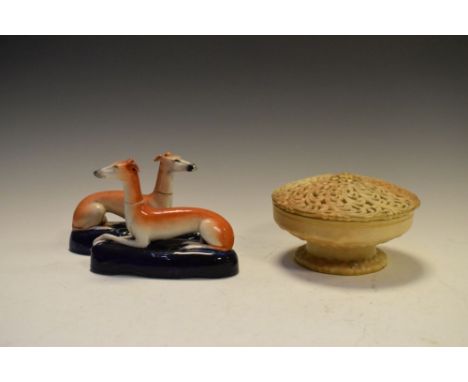 Pair of Staffordshire pottery greyhound pen stands, together with a Wedgwood pot pourri vase having pierced cover, base numbe