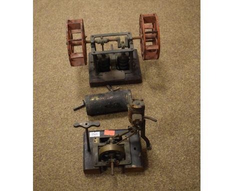 Vintage brass and cast metal twin cylinder model mine engine with plaque 'H.G. Barnes', and one other vertical engine, previo
