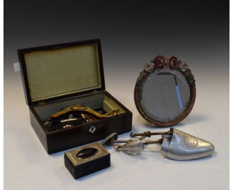 Victorian rosewood jewellery box containing a pair of aluminium shoe lasts, 'Randall's West End Makers', a Barbola-style ease