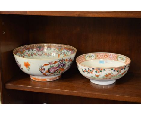 Large Cantonese enamel bowl having floral decoration, 26cm wide and one other Oriental bowl  