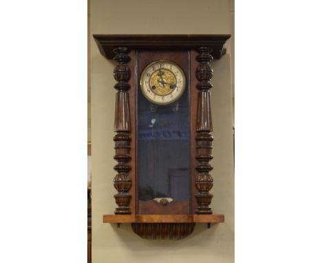 Early 20th Century walnut and beech spring-driven Vienna style wall clock, 62cm high  