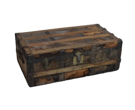 Slatted wooden and leather bound trunk, 92cm wide  