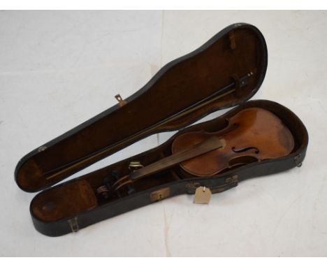 Reproduction Antonius Stradivarius violin, marked 'AS' to back, with bow and within velvet lined case  