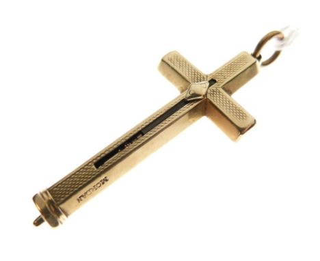 Sampson Mordan &amp; Co - Unmarked yellow metal novelty propelling pencil in the form of a cross with engine turned decoratio